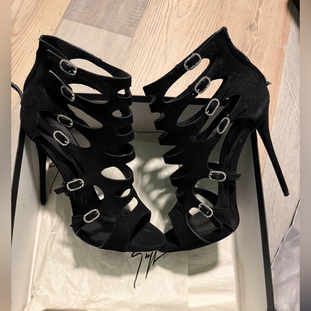 Giuseppe Zanotti suede Black Strappy Heels with crystal accents